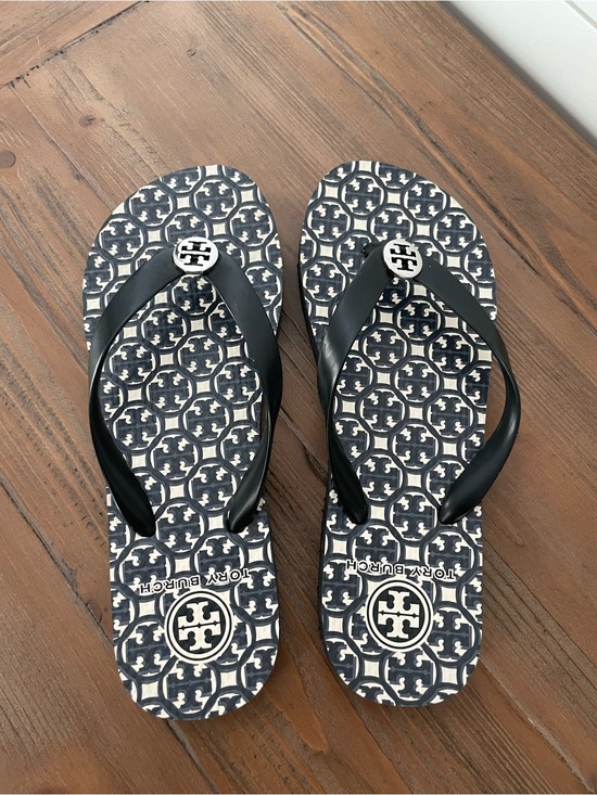 Tory Burch Shoes - Tory Burch Navy and Black Logo Pattern Flip Flops